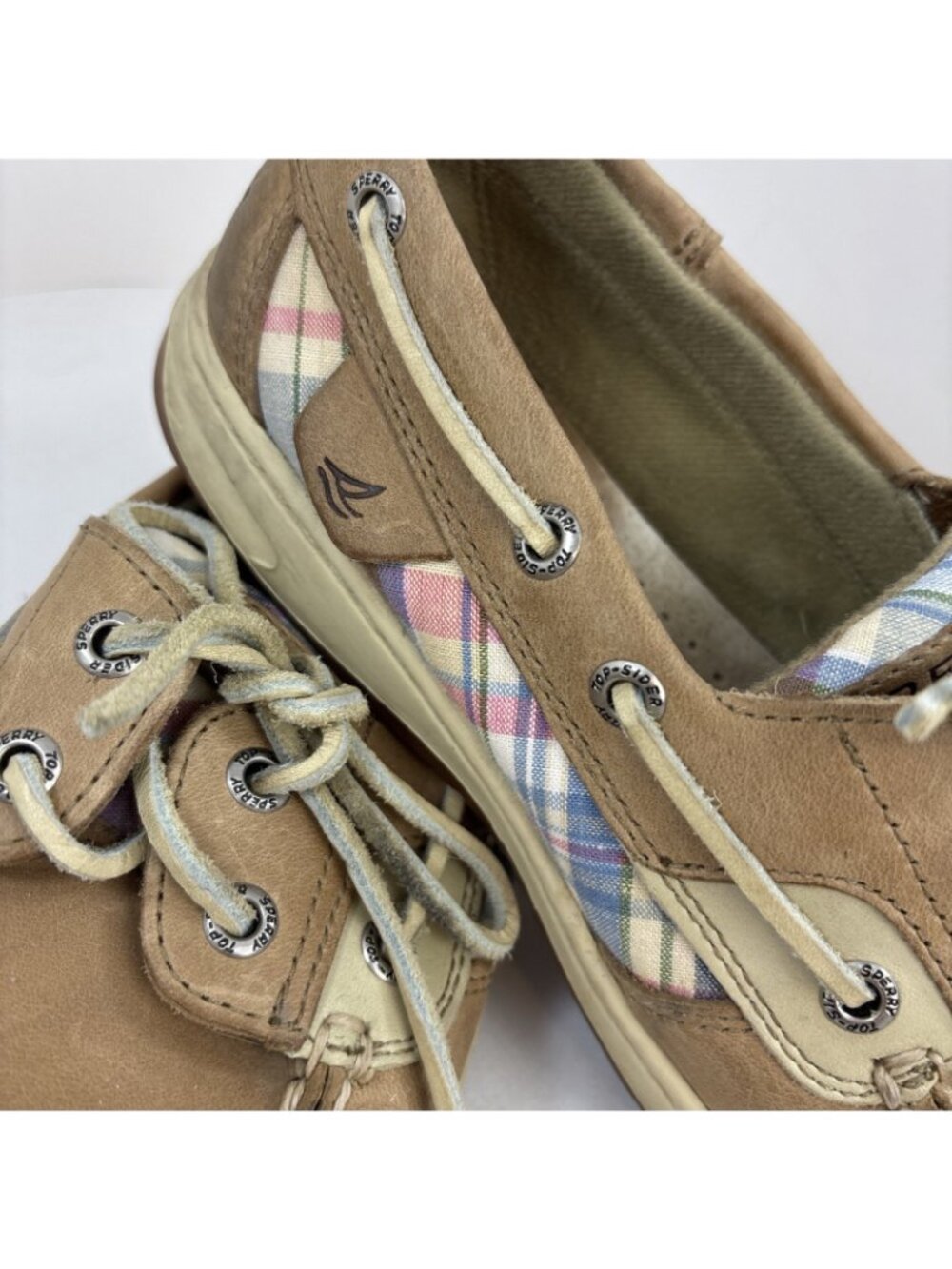 Sperry Top-sider Beige Leather Pastel Plaid Boat Shoes Size 7 - Picture 3 of 11